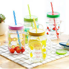 1 Pcs Glass with Lid Creative Fruit Cup Juice Cup with Hole Bottle Straw